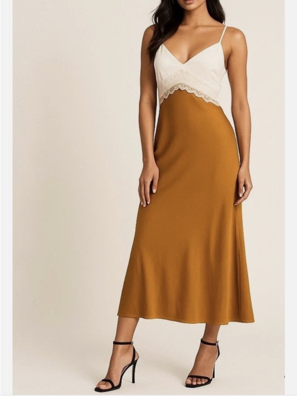 Abercrombie & Fitch Two-Tone Slip Midi Dress in Cream and Mustard